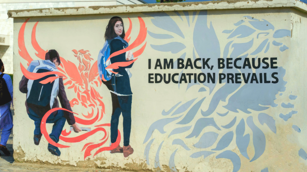 Mural painted on the AUAF campus in Kabul shortly after 2016 terrorist attack.